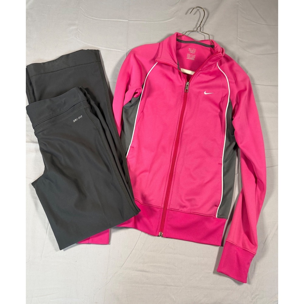 Nike Womens Dri-FIT Track Suit Pink Gray Full Zip Jacket Yoga Pants Set S 362361